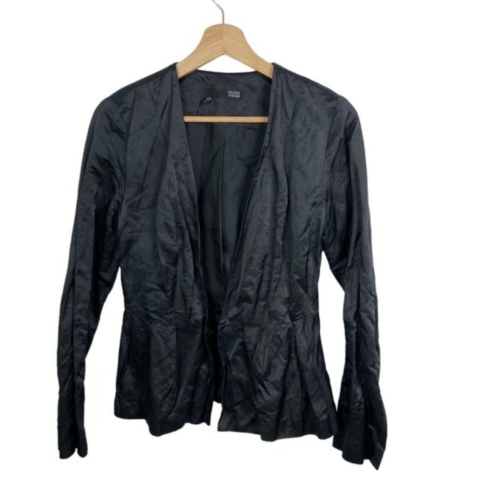 Eileen Fisher Jacket Womens Sz 2 Small Black‎ 1 snap button metalic nylon top